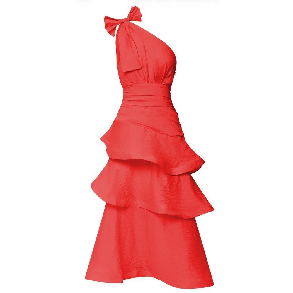 Showpo Eugenia One-Shoulder Midi Dress - Womens Sz 10 NWT Red Tiered Ruffle Bow